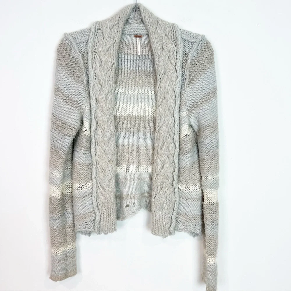 FREE PEOPLE GRAY OFF-WHITE CHUNKY LONG SLEEVE CARDIGAN SWEATER WOMENS SMALL